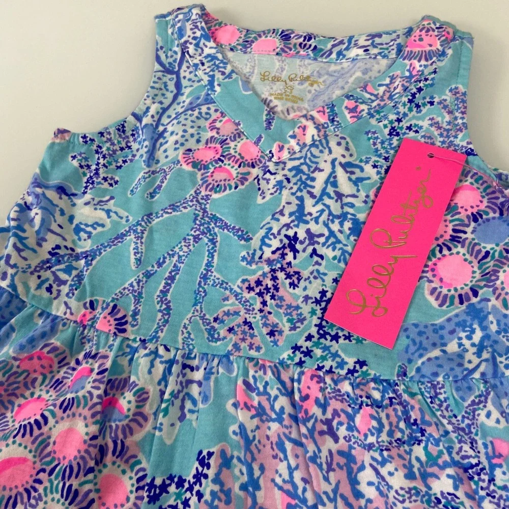 Lilly Pulitzer Girl XS 2/3 Mini Lorina Dress Blue Ibiza Now You Sea Me Coral NEW